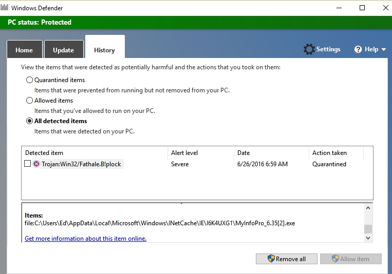 Screen capture of Virus report